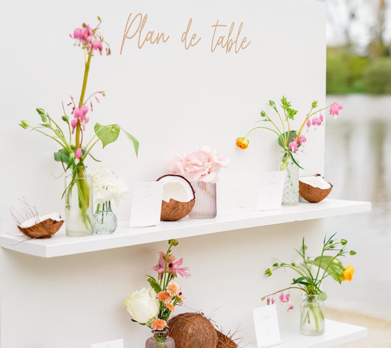Vitrines décorées de fleurs et vases sur étagères blanches à l'extérieur.
